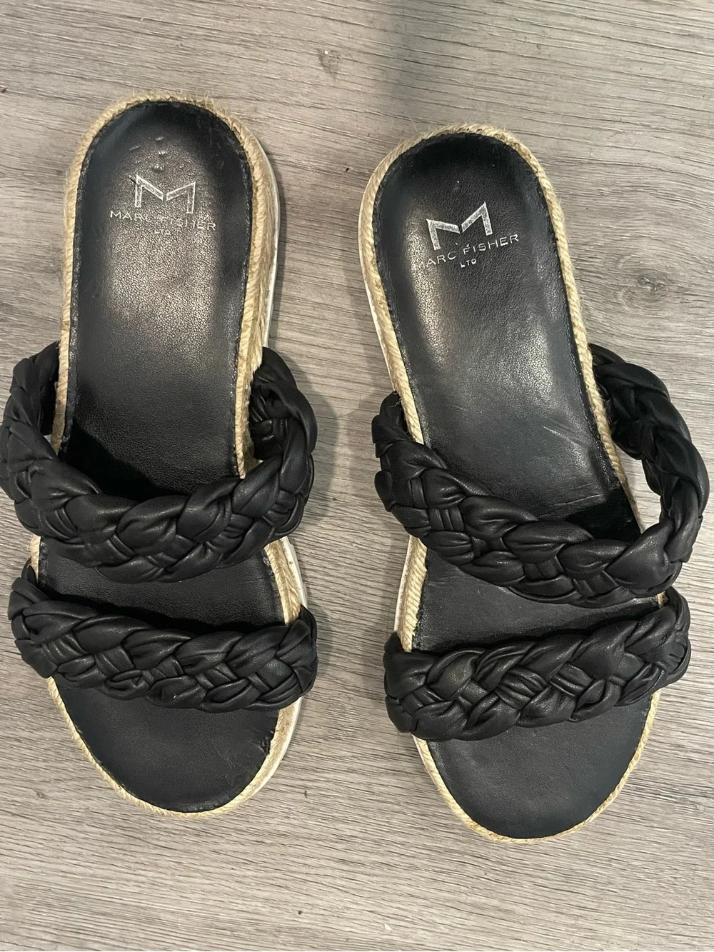 Marc Fisher black braided double-strap espadrille slides Size 6 1/2 M